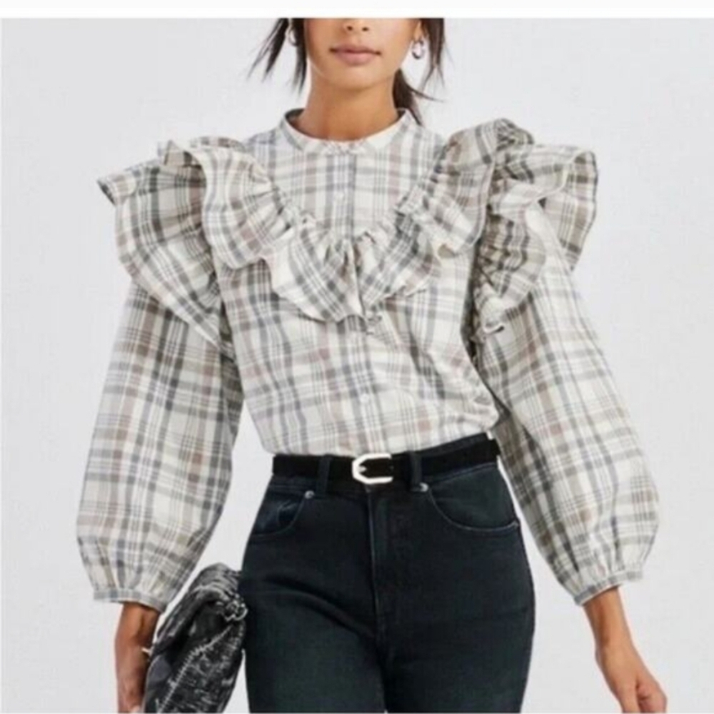 Something Navy Plaid Puff Sleeve Ruffle Blouse 100% Cotton Top Medium